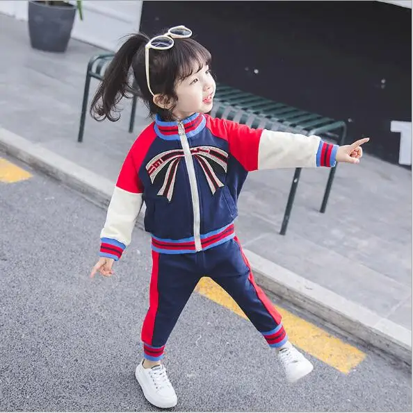 Girls Sets 2019 Spring Girl And Boys Fashion Bow Zipper Top+Pants Two Pcs Suits Set Costumes For Children Kids Clothes | Детская одежда
