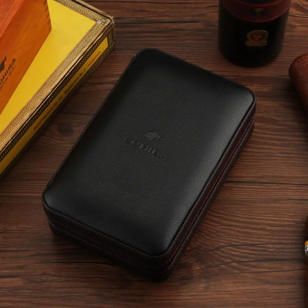 COHIBA Портативный кедровый деревянный ящик для сигар коробка для Путешествий Кожаный Портсигар хранения 4 коробка для сигар Humidor увлажнитель для кубинского сигара - Цвет: BLACK