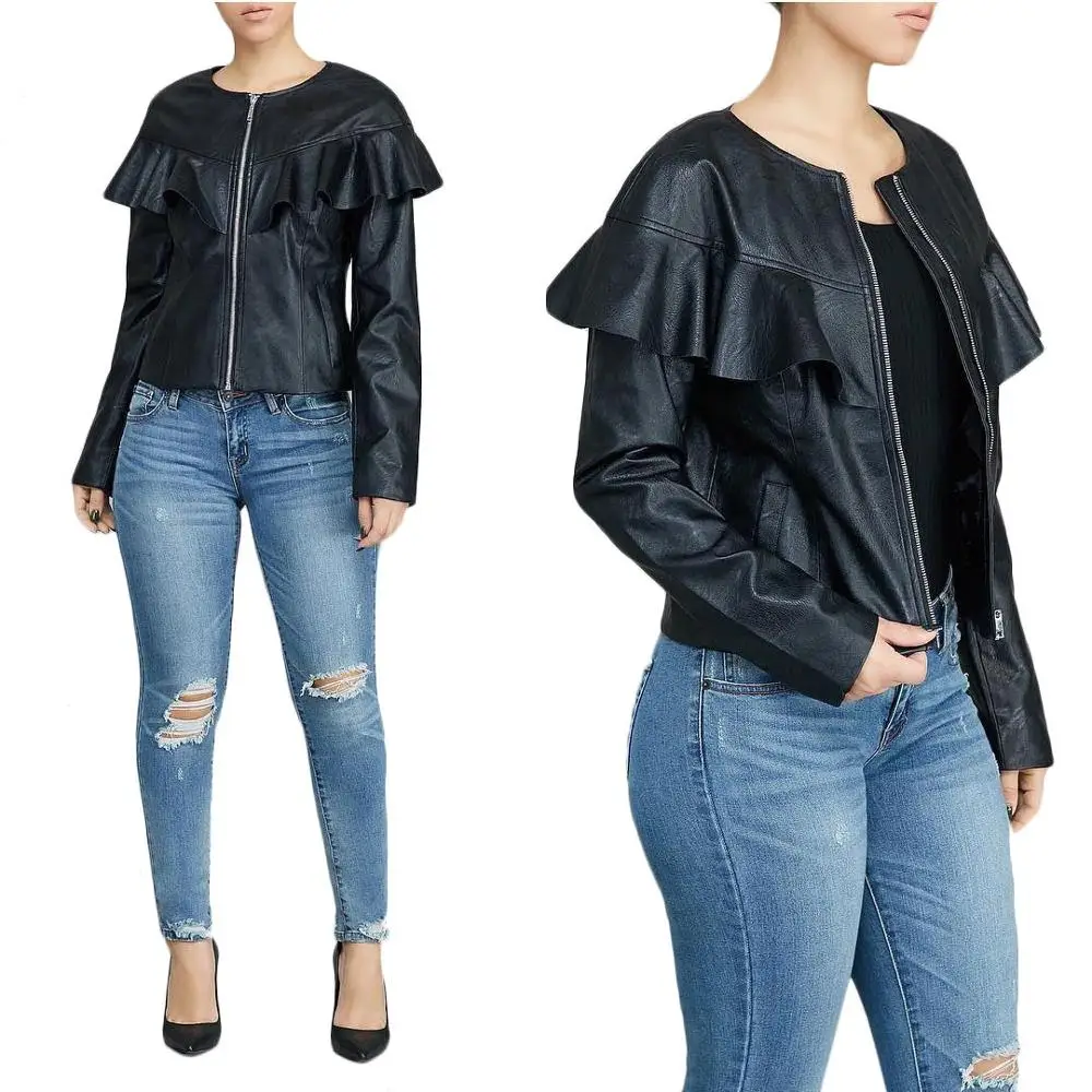 

Fashion pleated faux leather jacket women solid black coat outerwear new 2019 autumn winter