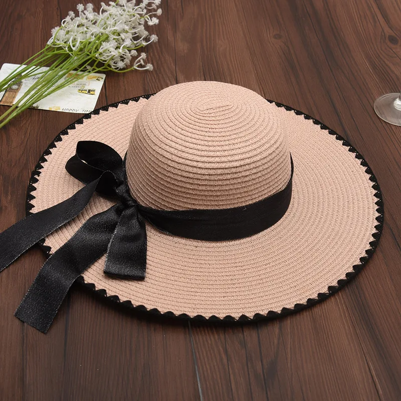 2018 Women Summer Sun Hats Ladies Black Embroidery Wide Brim Straw Outdoor Beach Lace-up Bow Panama Bone Feminino | Аксессуары для