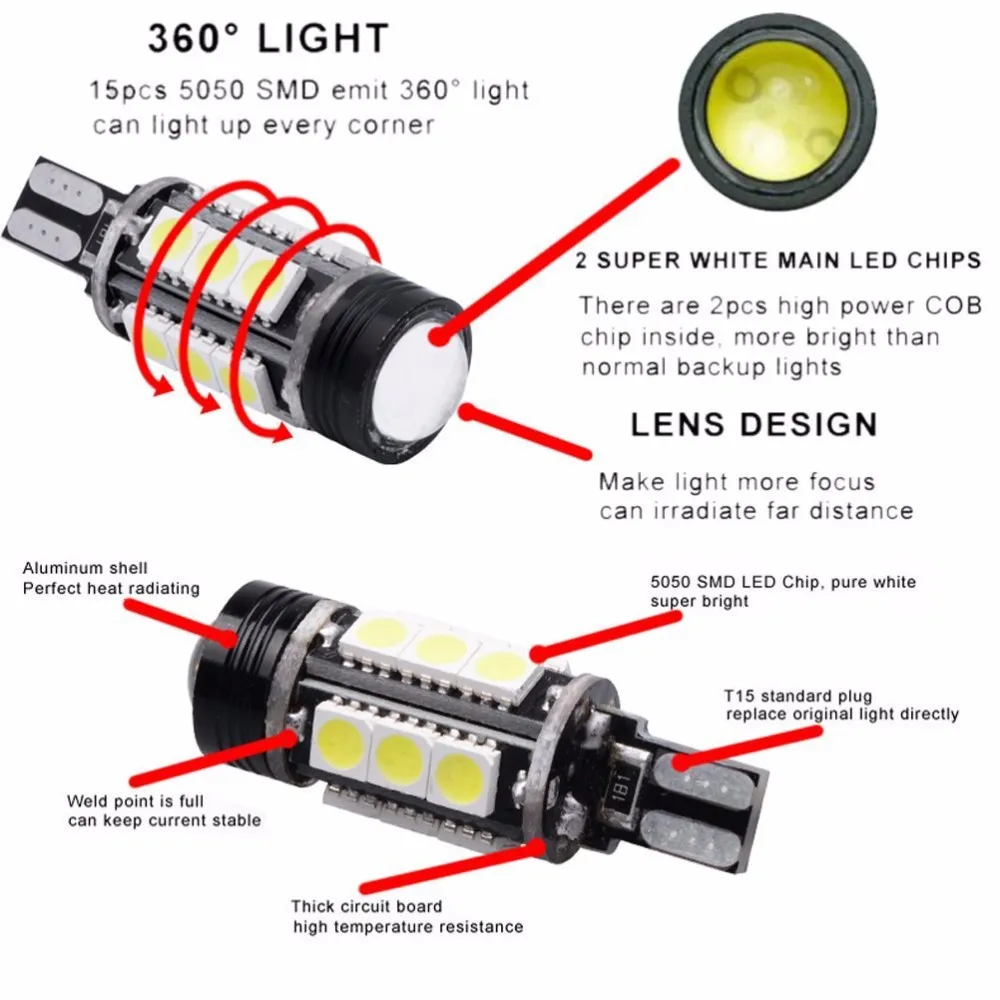 2 шт. T15 W16W Авто Обратный светильник светодиодный Белый 5050 SMD 16 объектив Canbus без
