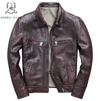 plus size genuine cow leather jacket men vintage reddish brown casual zipper pocket motorcycle clothing real leather mens coat