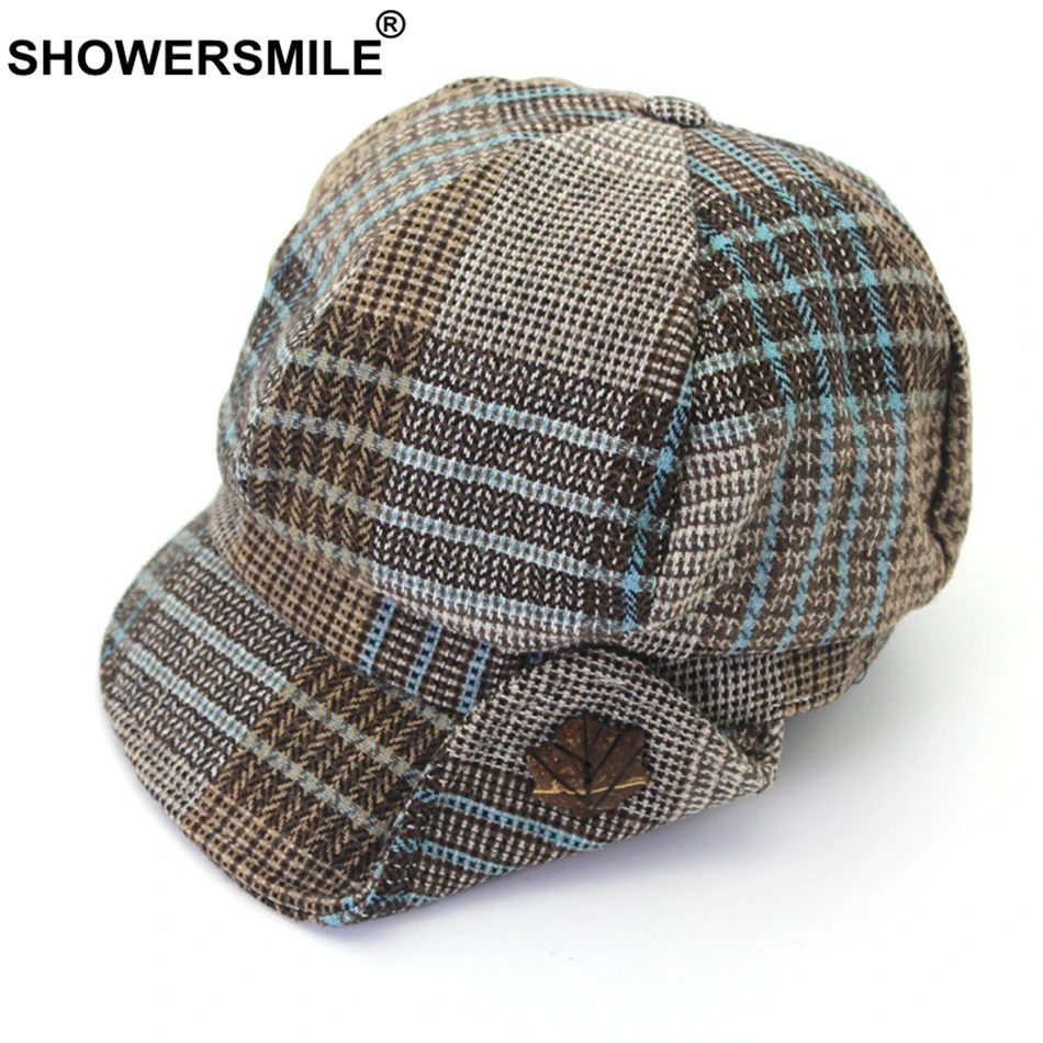 SHOWERSMILE Кепка Newsboy Женская твидовая винтажная восьмиугольная шляпа клетчатая женская серая Ретро Кепка Duckbill зимние кепки-береты из шерсти плюща