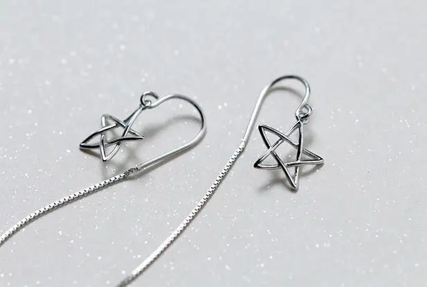 Real. 925 Sterling Silver jewelry Open Hollow Star Threader dangle Earrings long Handmade GTLE1527 | Украшения и аксессуары