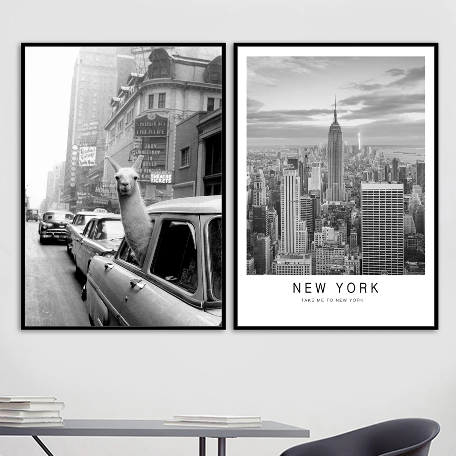 Автомобиль Альпака Нью Йорк винтажная город лама скандинавские плакаты и принты