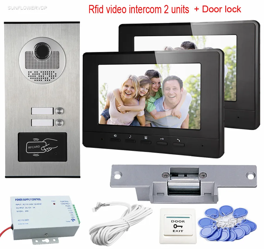 

Rfid Cards Unlock Video Door Phone With Electric Lock Doorbell Video 2 Metal 7inch Color Indoor Monitors For 2 Apartments/Family