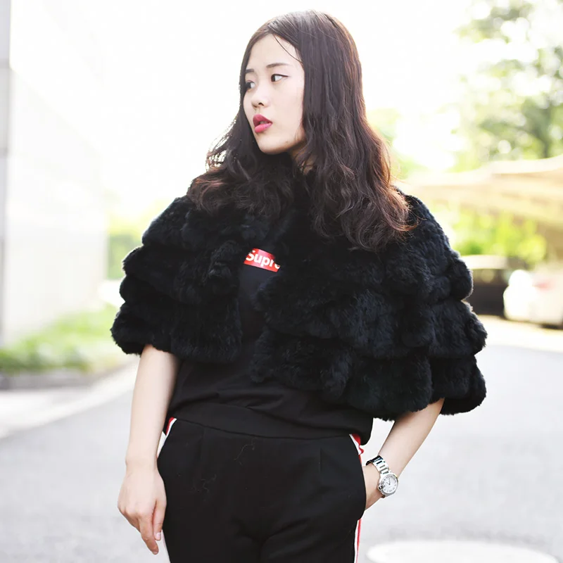 CX-B-19 2018 Real Women Fashion Style Knitted Shawl Ladies Rabbit Fur Cape | Wraps