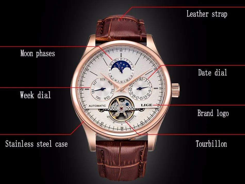 LIGE Брендовые женские часы автоматические механические часы Tourbillon спортивные часы кожаные повседневные водонепроницаемые наручные часы Relojes Mujer+ коробка