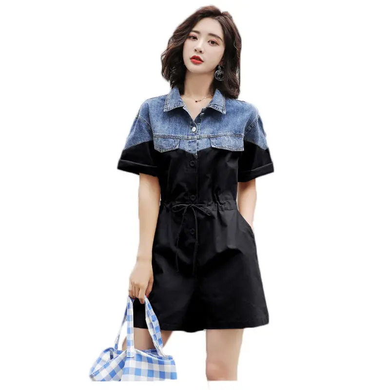 Женский джинсовый комбинезон с широкими штанинами Летний заплатками джинсовые