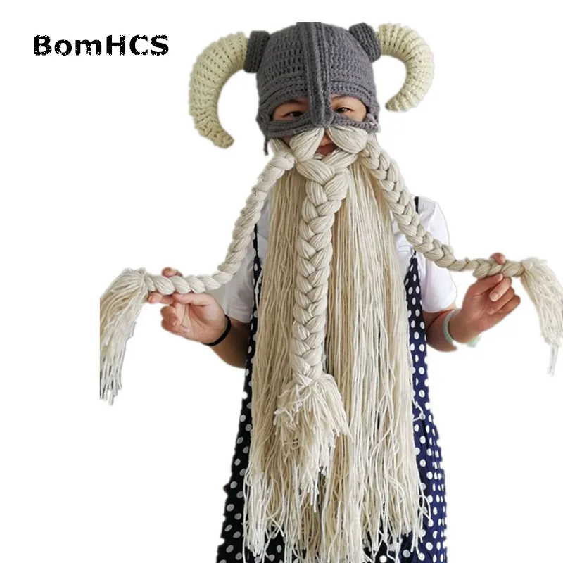 BomHCS Vikings Beanies Beard Horn Hats Handmade Knitted Caps Men's Women Birthday Cool Gifts Party Mask