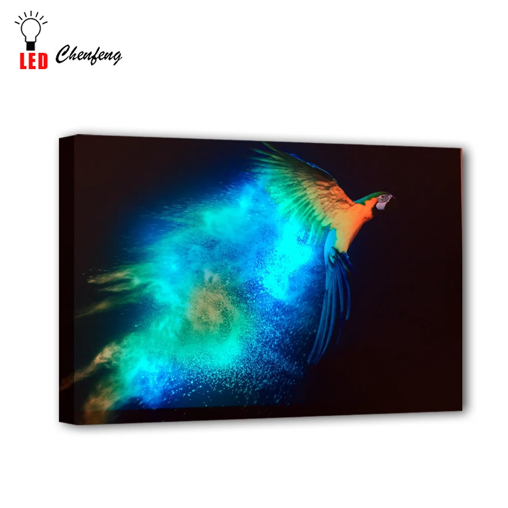 RGB светодиоды холст настенные декоративные летающие Красочные попугай фотографии птиц Печать на холсте с подсветкой картина освещенная подарок для детей