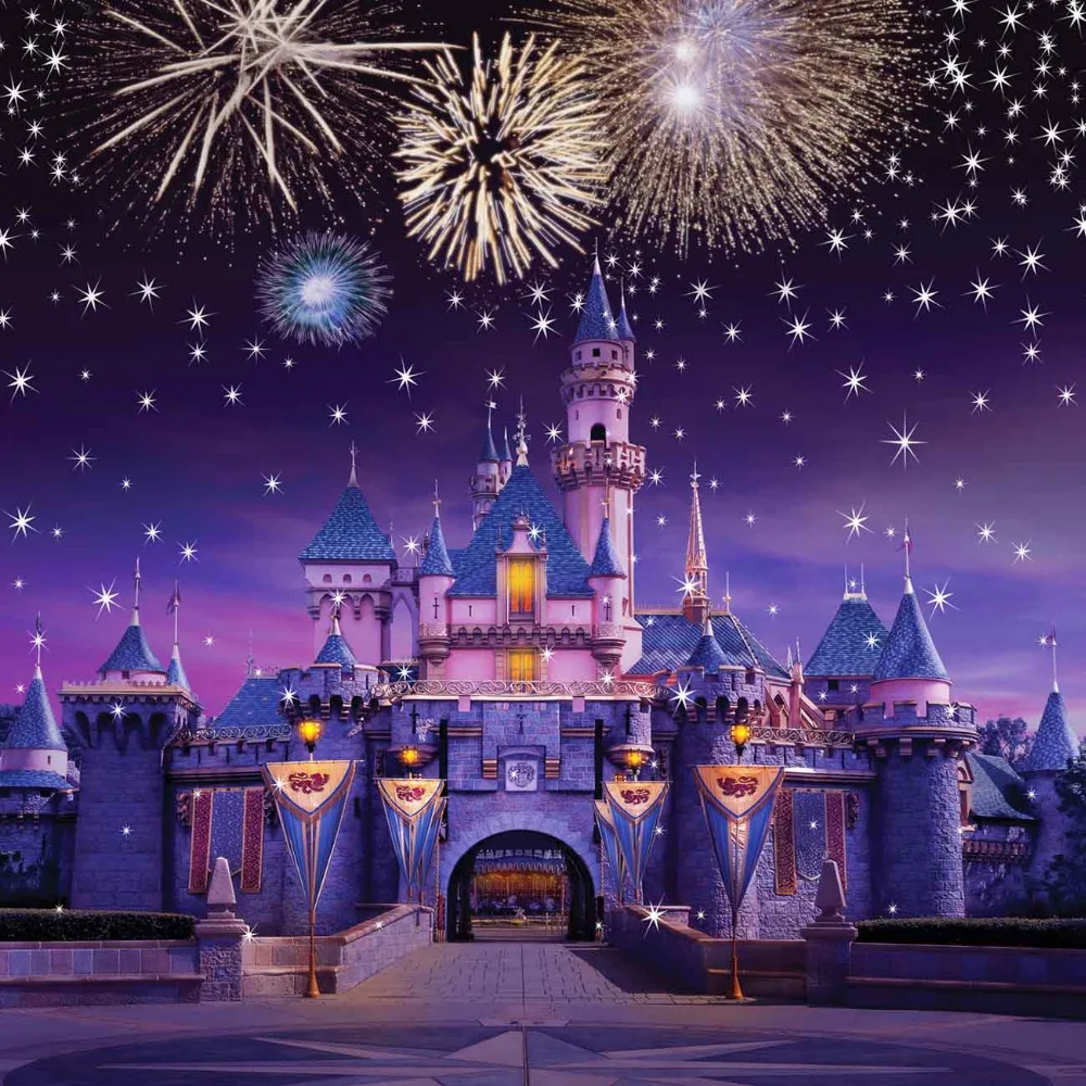 

10x10FT Night Caslte Palace Sparkle Fireworks Sky Stars Flags Custom Photography Studio Backdrop Background Vinyl 300cm x 300cm