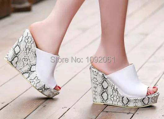 Summer 2014 fashion casual shoes comfortable slope sandals head layer cowhide snakeskin stria peep toe heels | Обувь