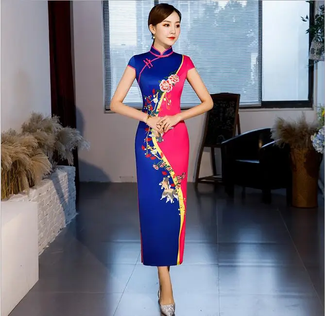 Высокая мода Мандарин Воротник шелк атлас с новогодней елкой, бумажный принт Qipao элегантный цветок сексуальное длинное платье плюс SZ M-4XL - Цвет: 0036