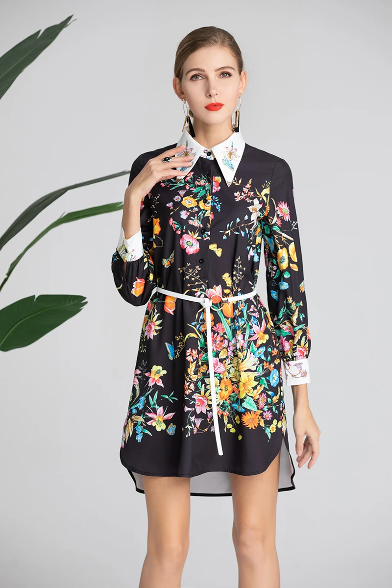 

MIUXIMAO High Quality 2019 Summer Dress vintage Newest Floral Print Daimonds Eleghant Casual Dress Women vestido With Belt