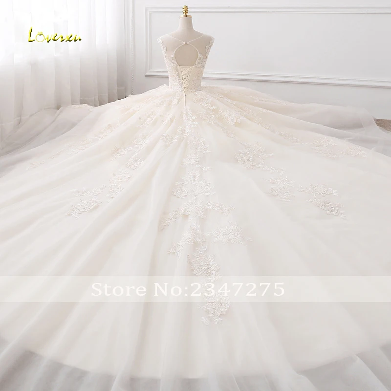 Loverxu Vestido De Noiva винтажное бальное платье Свадебные платья круглый вырез с коротким рукавом Королевский поезд аппликации кружевное свадебное платье