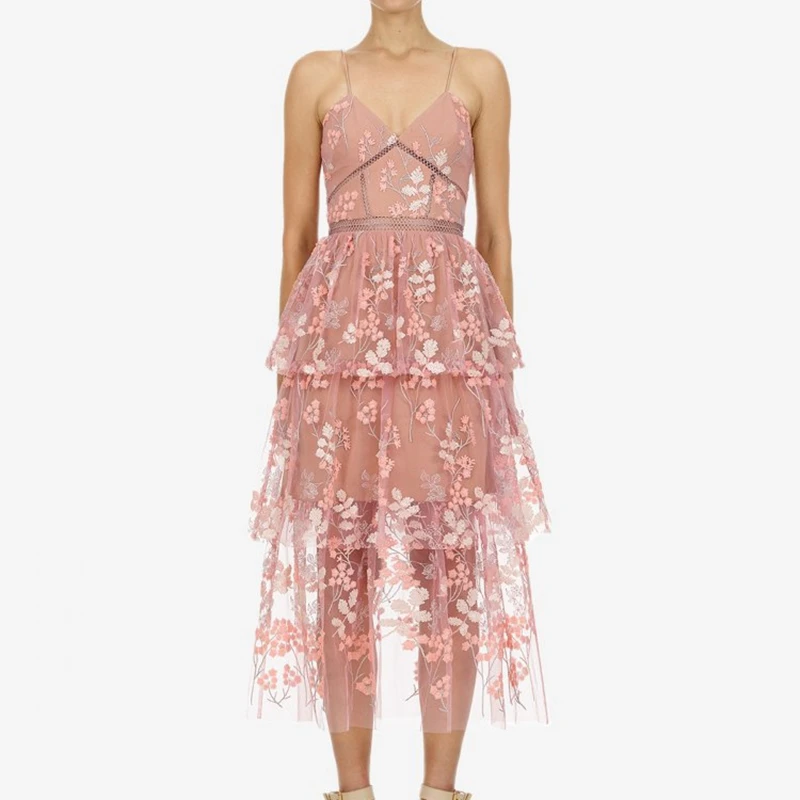

Self Portrait Midi Dress Women Sexy Spaghetti Strap Pink Dresses