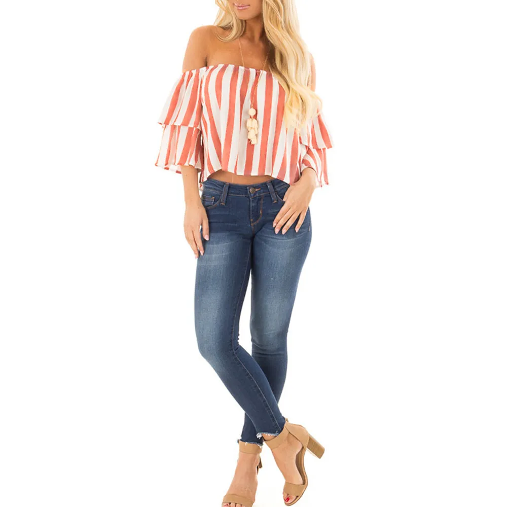 Womens fashion blouse sexy slash striped neck ladies Summer Off Shoulder tank Shirts Casual Loose Tops blusas de mujer verano |