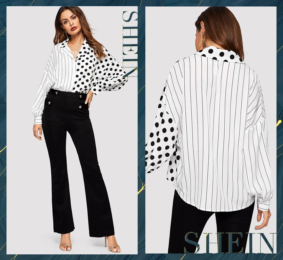 SHEIN женская блузка в черно-белую полоску и горошек с длинным рукавом и пуговицами, весна, повседневный Топ, блузки