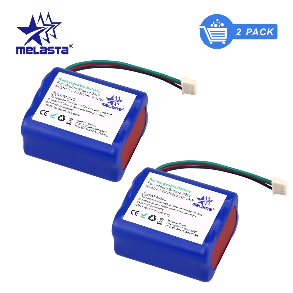 MELASTA 2PCS 7.2V 2500mAh NiMH Replacement Battery for iRobot Roomba Mint 5200 5200B 5200C Braava 380/380t 380j Floor Cleaner