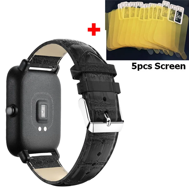 Black 2 In1 ремень для Xiaomi Huami Amazfit Bip BIT Lite Youth группа кожаных ремешков+ Экран пленка для amazfit Смарт-часы с браслетом - Цвет: Black