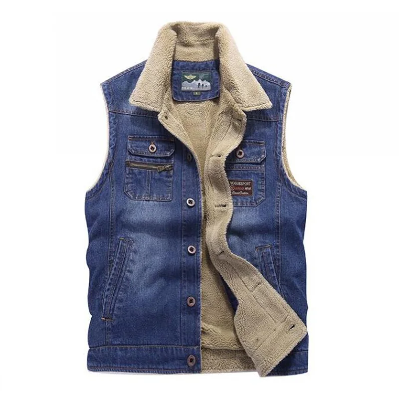 New Jeans Vest Autumn Winter Mens Denim Vest Sleeveless Jacket Warm Fleece Waistcoat Casual Colete Gilet