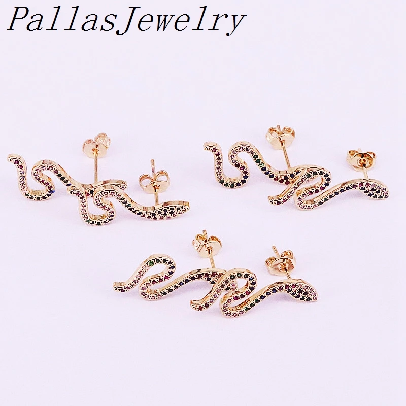 5Pairs New fashion Micro Pave Rainbow Cz Zirconia Gold Filled Snake Stud Earrings Colorful Delicate Top Quality Jewelry