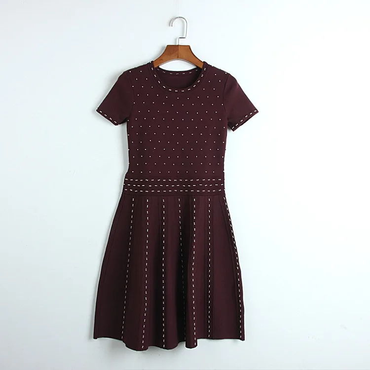 robe sexy Women Sweater Dress 2019 Elegant Short Sleeve Rivets Beaded Tunic Knitted Wine Red Female vestido de festa | Женская одежда