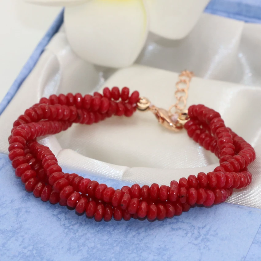

3 Rows Gold-color Clasps Red Natural Stone Chalcedony Jades Abacus Faceted 2*4mm Multilayer Bracelet Women Jewelry 7.5inch B2783