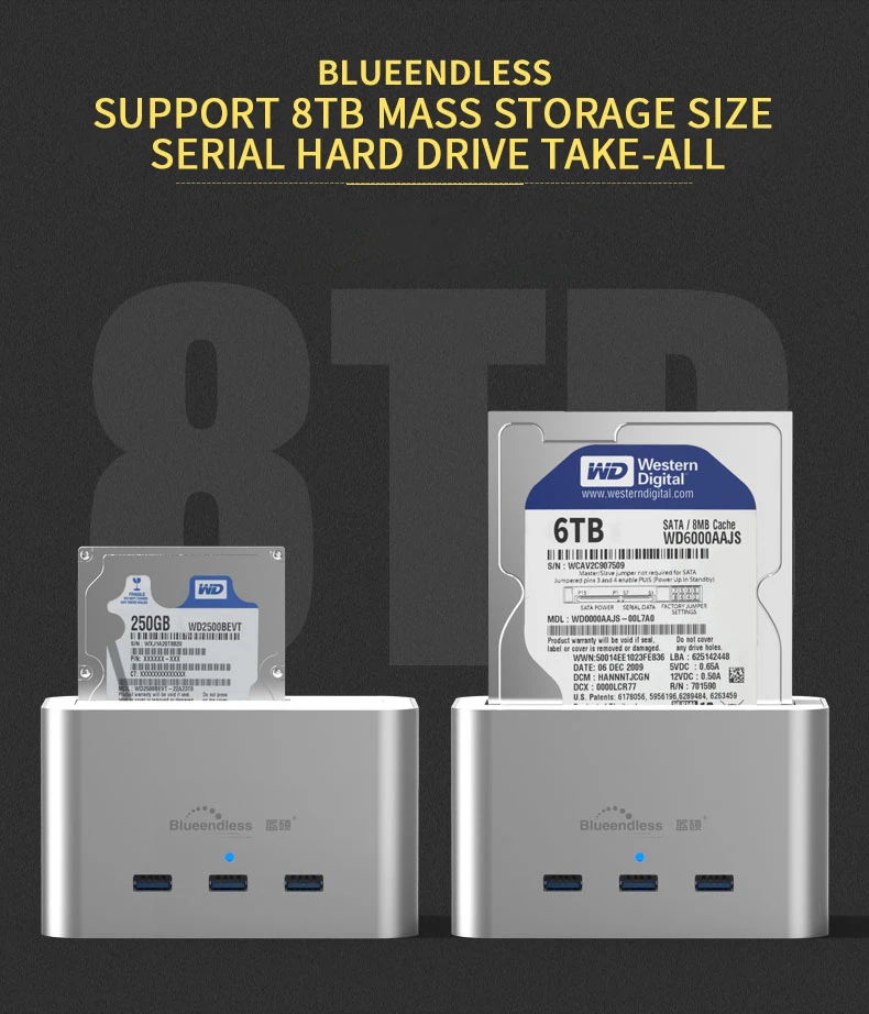 Док-станция для HDD с usb-хаб 3 внешними портами USB 3,0 для usb-накопителя, карт-ридера до 8 ТБ, жесткий диск SATA 2,5 ''3,5'', HDD SSD