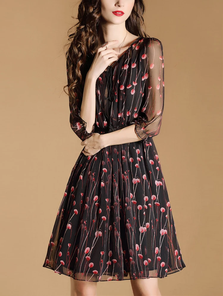 Fashion women dress ladies цветочные шифон vestidos симпатичные вишневый отпечатано v образным