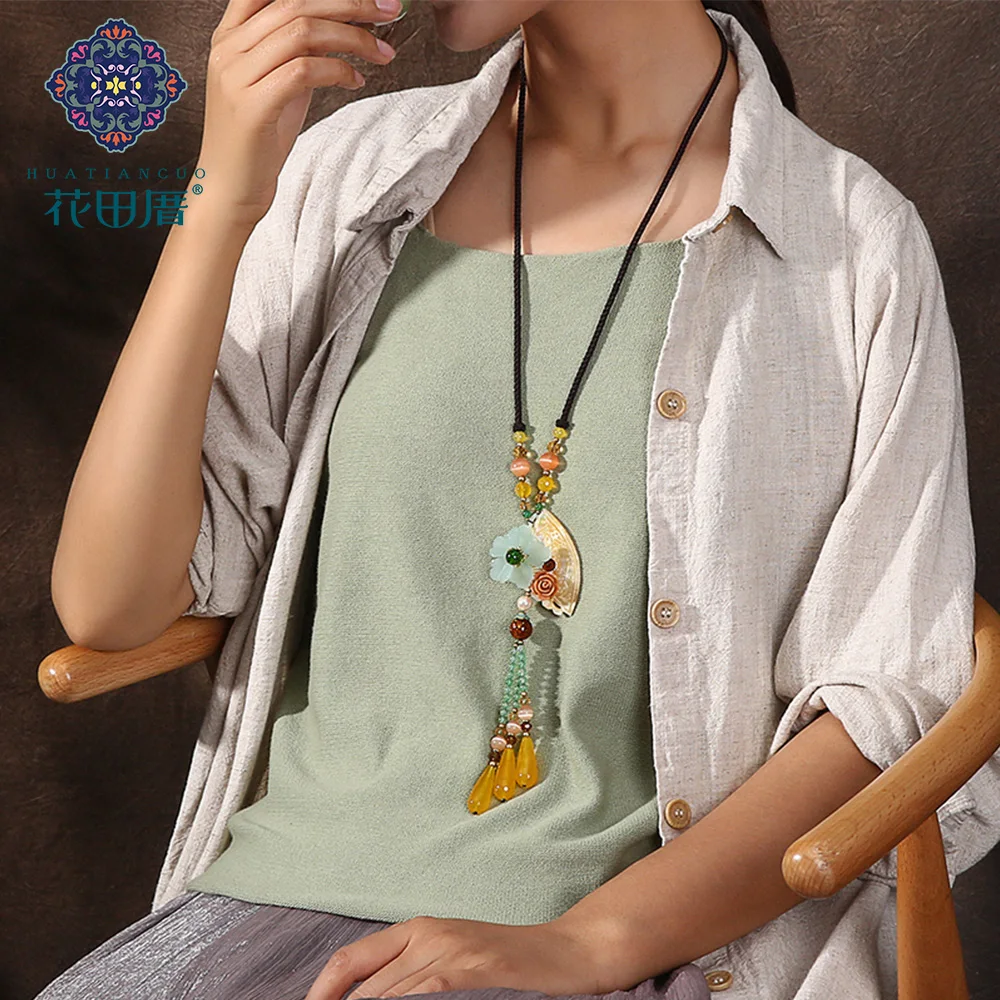 

Ethnic Handmade Lampwork Resin Flower Shell Fan Pendant Necklace for Women Yellow Beads Tassel Rope Chain Necklace CL18028