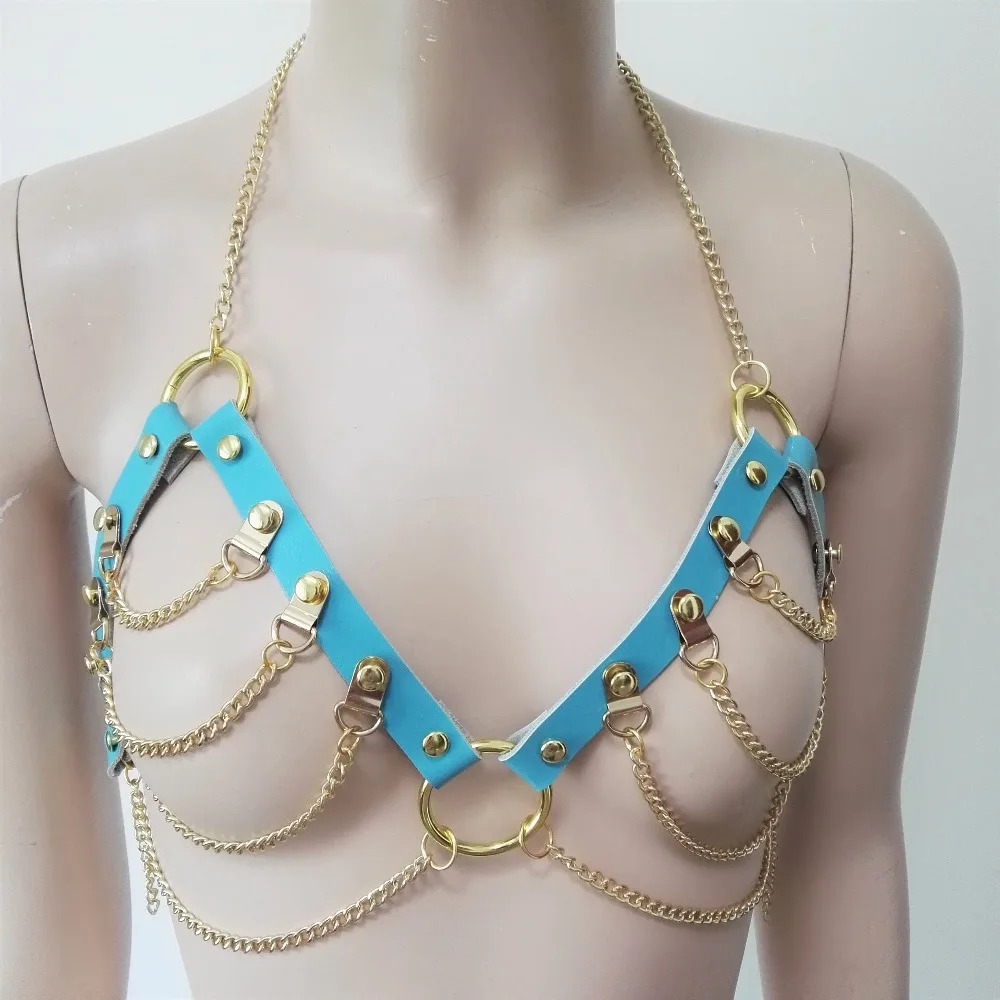 Женская Шипованная заклепка панк Небесно Голубой Кожаный портупея цепь ручной