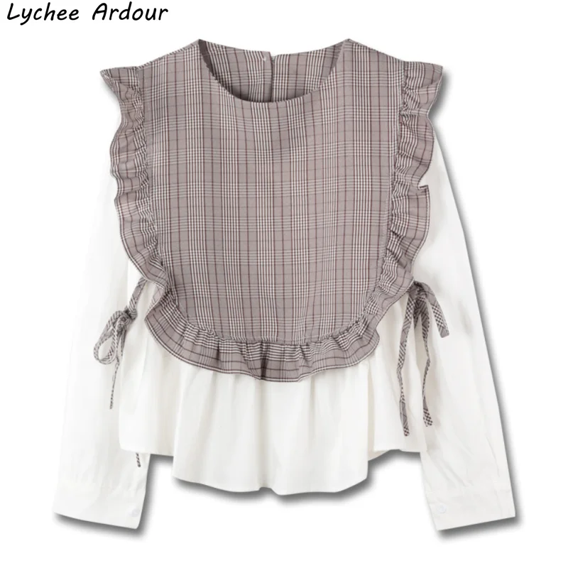 Женская блузка в клетку с рюшами весенне-осенняя Повседневная Уличная модная