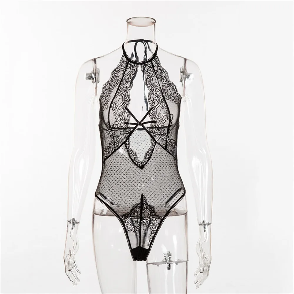 Черный женский кружевной боди с высокой горловиной сетчатый тонкий клубный