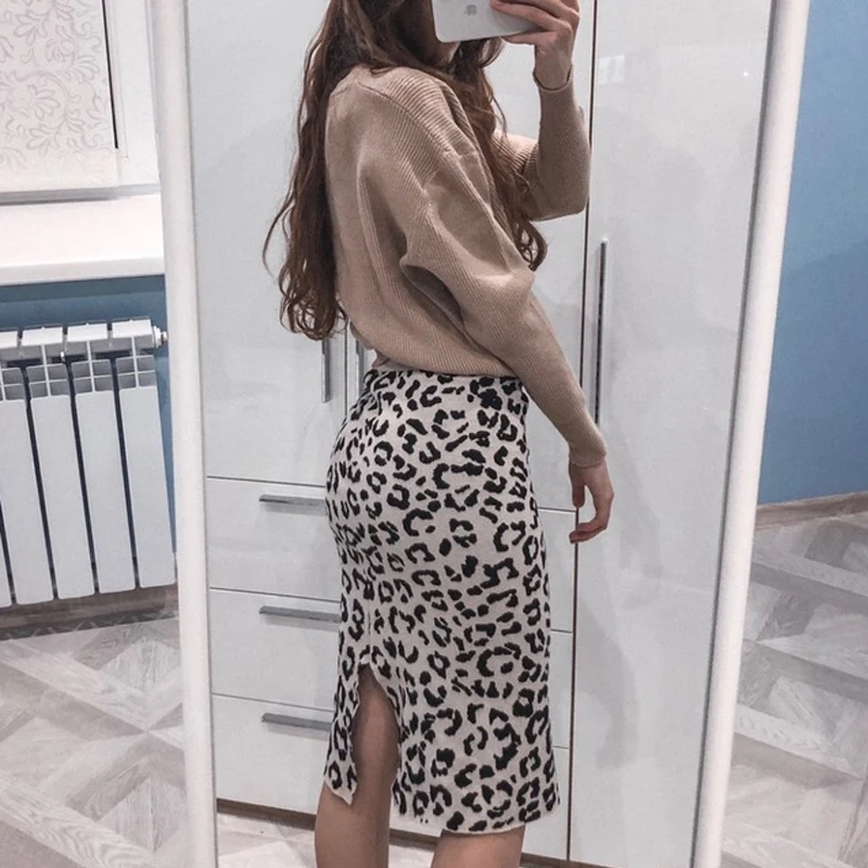 Mooirue осень весна для женщин Leoaprd юбка Эластичная Высокая талия Вязание Femme Jupe кавайная юбка бежевый серый сексуальный карандаш Jupe низ