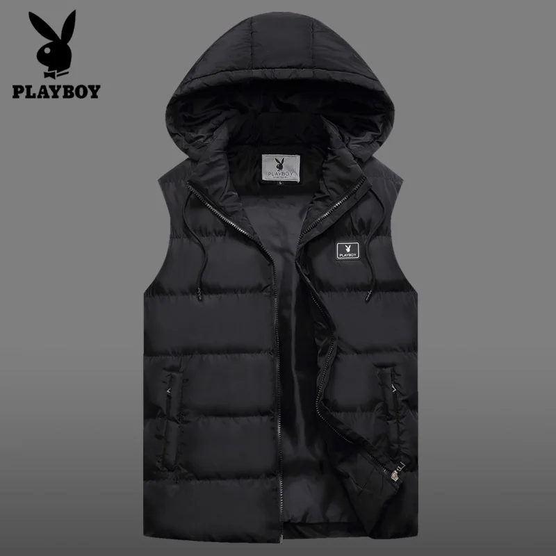 PLAYBOY, Новое поступление, брендовая мужская куртка без рукавов, зимний ультралегкий жилет на белом утином пуху, мужской тонкий жилет, мужские ветрозащитные теплые пальто - Цвет: Черный