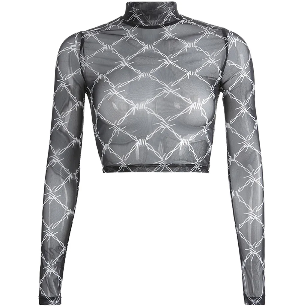 Sexy Blouse Plaid Mesh Perspective Women Crop Top Fashion Casual Turtleneck Shirt Ladies Slim Fit Tops Streetwear |