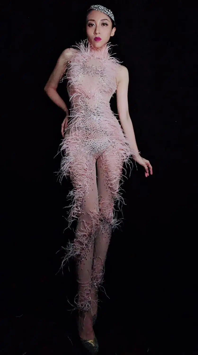 Прозрачный комбинезон Стразы с розовыми перьями сексуальные эластичные