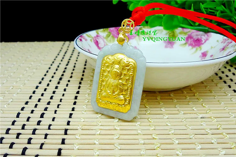 3D Золотой инкрустированный натуральный нефрит Guanyin Будда подвеска h1 #|Подвески| |