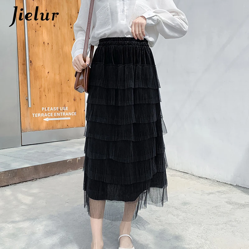 Jielur Mesh Pleated Skirt Women Summer High Waist A-line Solid Color Sexy Long Black Pink Casual Faldas Mujer Moda 2021 | Женская одежда