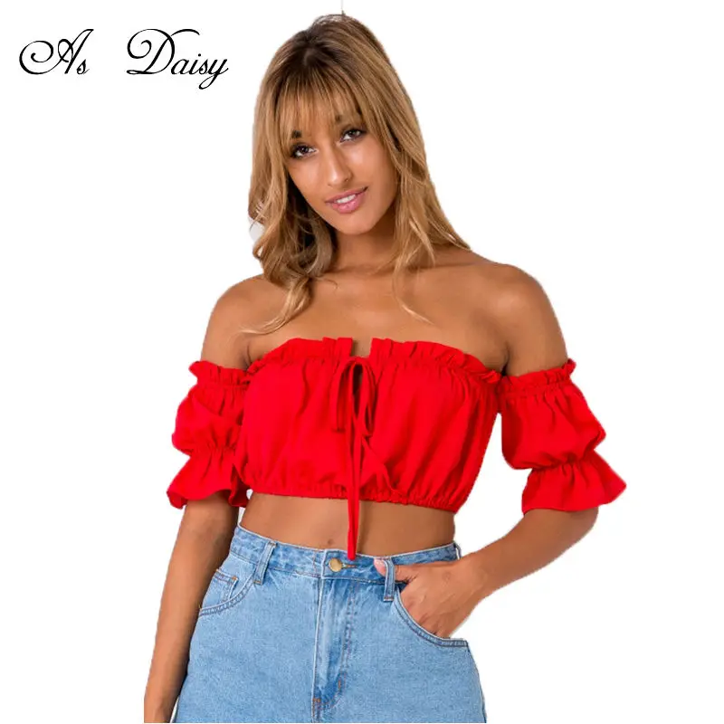 Как ромашка с открытыми плечами Красная футболка Для женщин Блузки для малышек