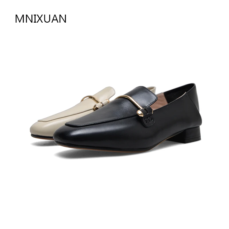 

MNIXUAN Handmade office ladies low heels women pumps shoes 2019 spring new real leather square toe slip on square heels size 40
