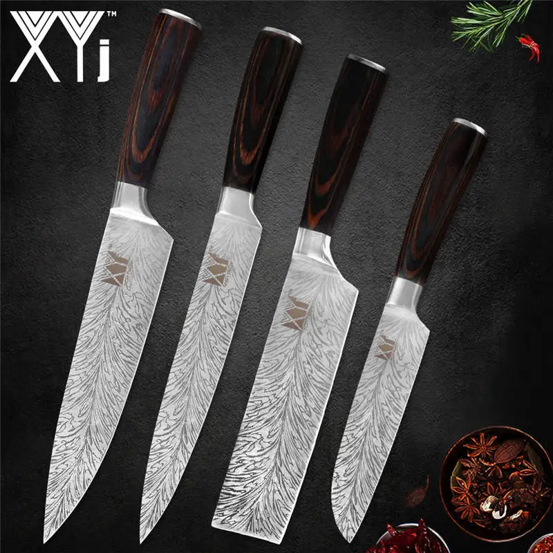 F.4pcs set XYj 8 шт. набор ножей из нержавеющей стали дамасский узор острый 7cr17 лезвие Нескользящая деревянная ручка мясной нож шеф-повара кухонный аксессуар - Цвет: F.4pcs set