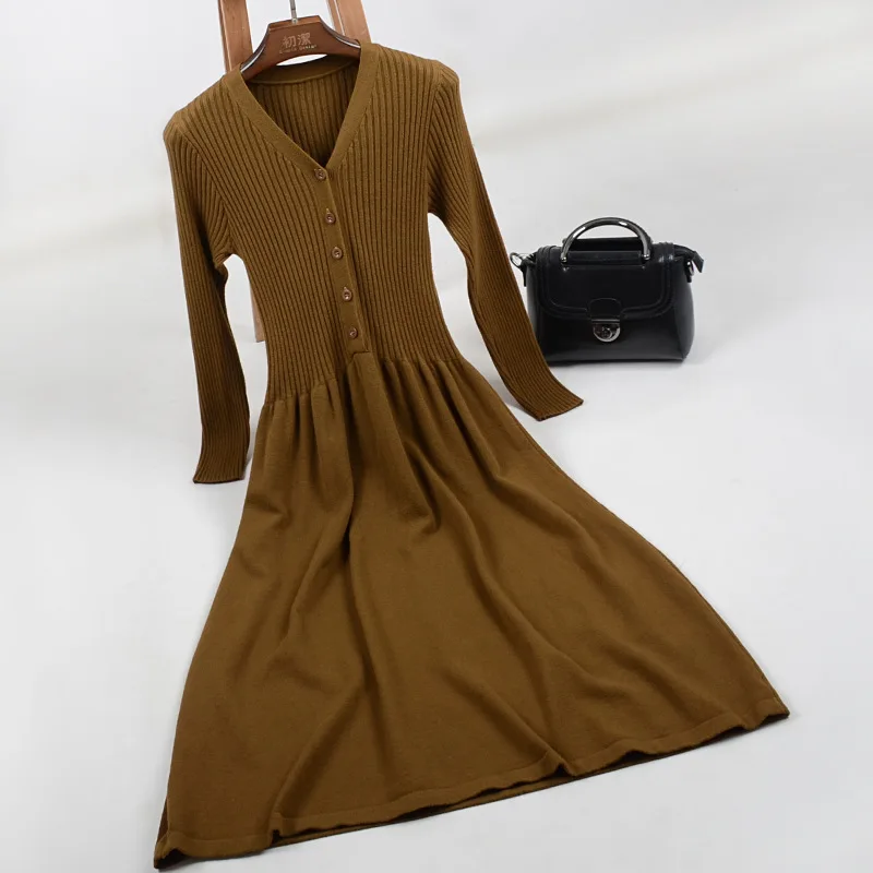 Женское трикотажное платье-свитер на пуговицах Длинное свободное платье с