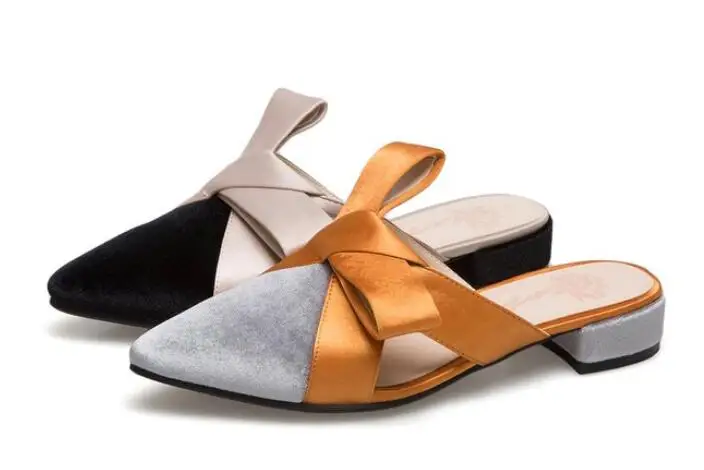 2018 летние женские сандалии с бантом шлепанцы острым носком тапочки низким