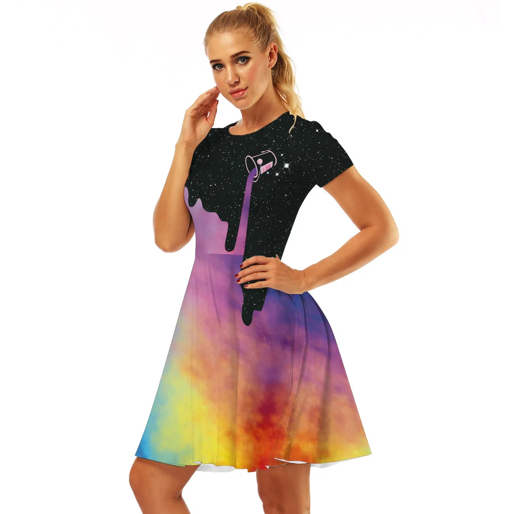 Летнее женское платье с коротким рукавом цифровым 3d принтом круглым вырезом