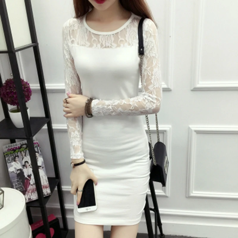 Сексуальное кружевное платье с О-образным вырезом и длинным рукавом облегающее