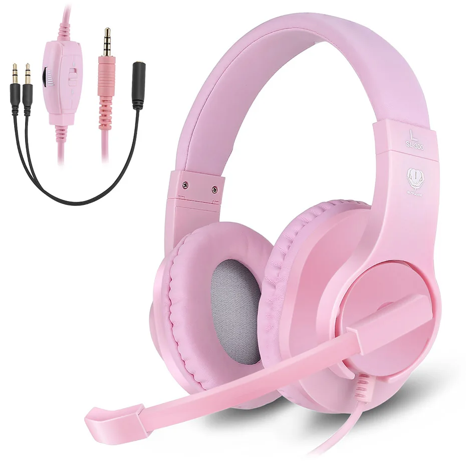 Pink with Splitter Игровая гарнитура для Xbox One S Ps4 PC DIWUER Накладные наушники с микрофоном шумоизоляция для телефонов iPhone iPad Android - Цвет: Pink with Splitter