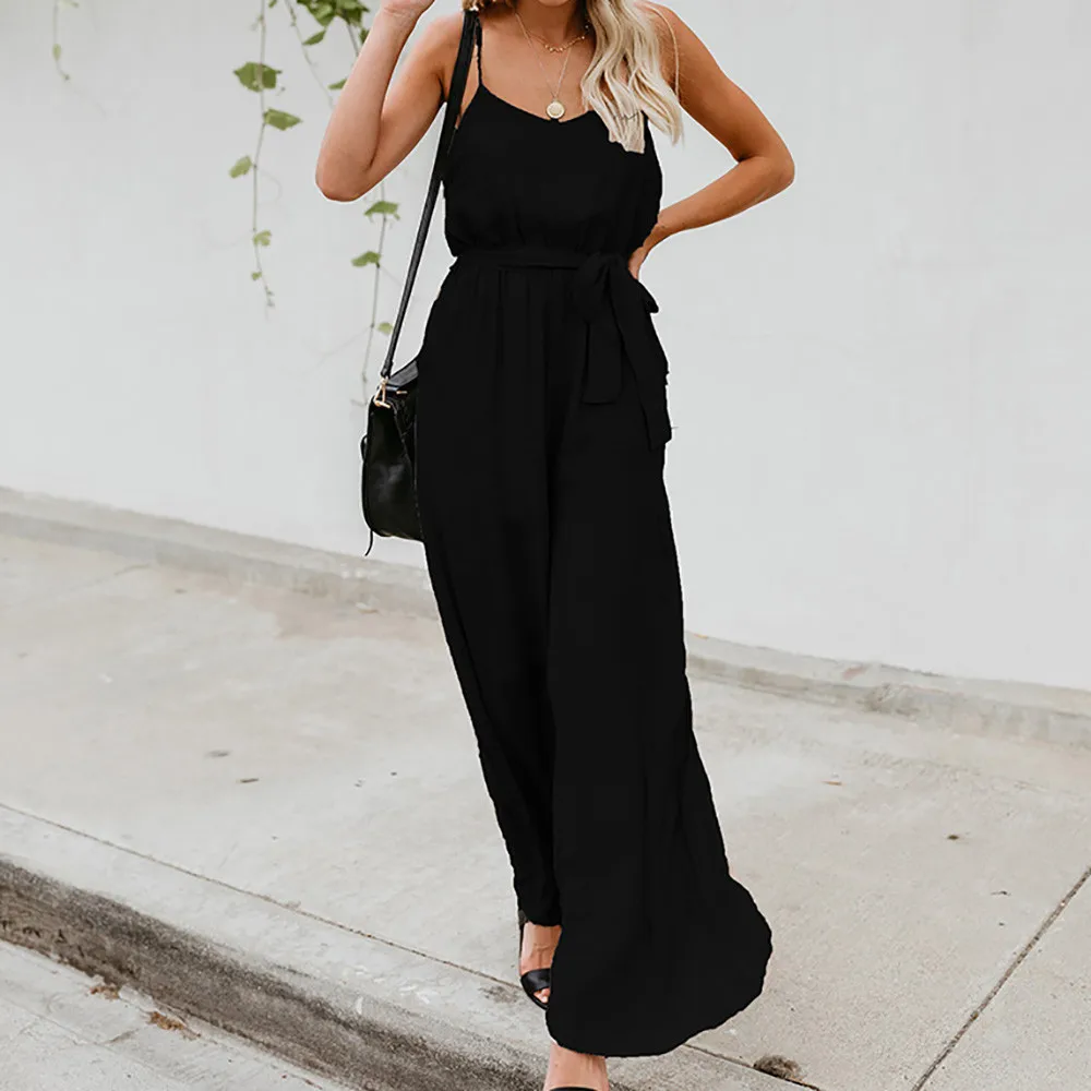 Free Ostrich Plunge Neck Belted Culotte Jumpsuit Women Deep V Neck Sexy Jumpsuit Clothes New Sleeveless Knot Summer Jumpsuit